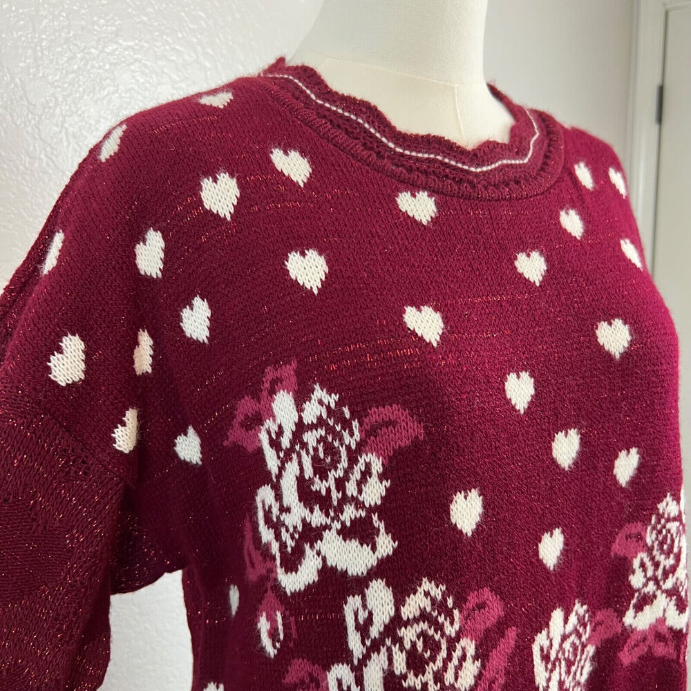 VTG Trimmings Sweater Womens 18 Red Floral Heart Knit Grandma Feminine Romantic‎ - Picture 4 of 13